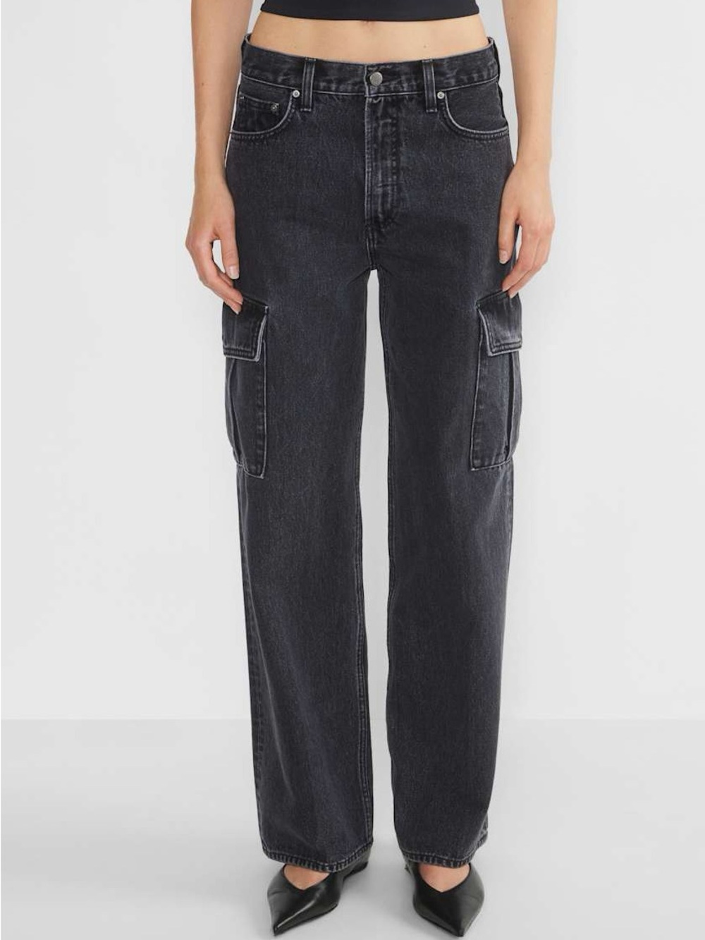 Denim Forum| Aritzia The Farrah High Rise Black Denim Wide Leg Cargo Jeans Sz 26